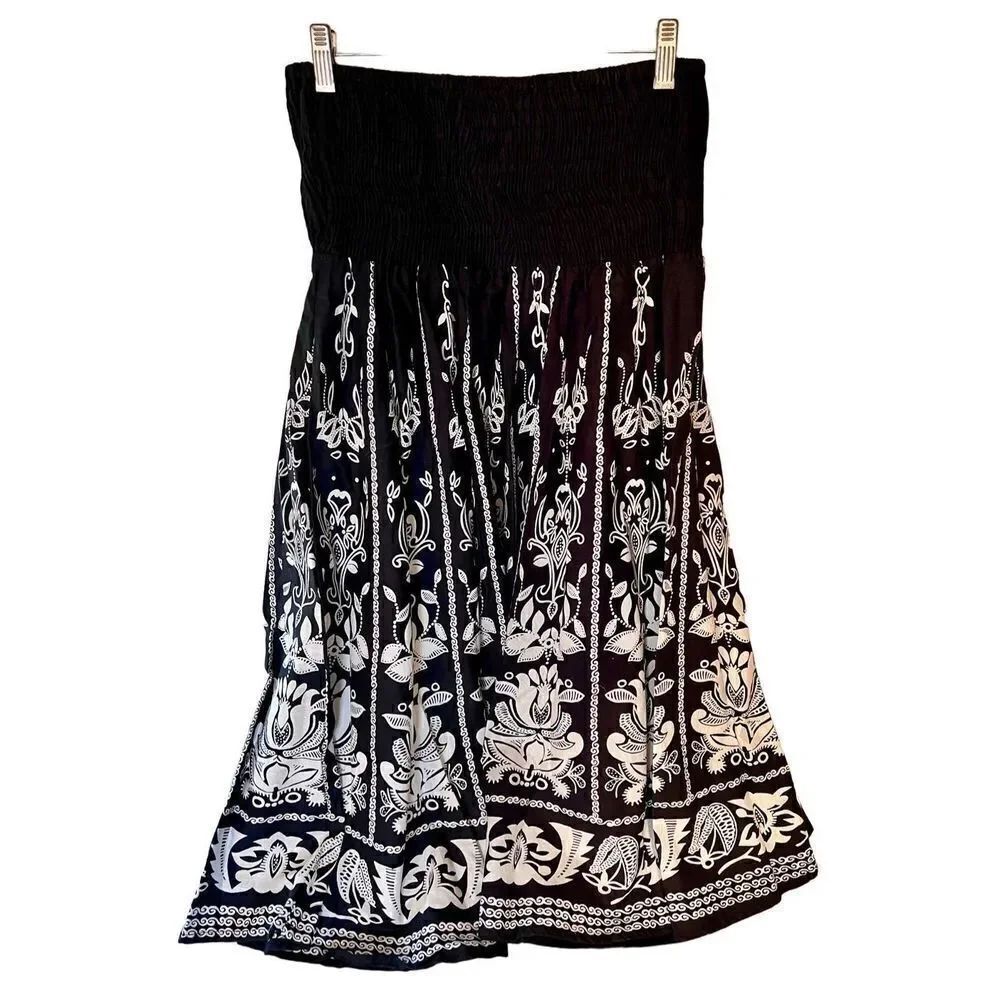 India Boutique Black White Floral Deco Design Elastic Top Dress/Skirt One Size